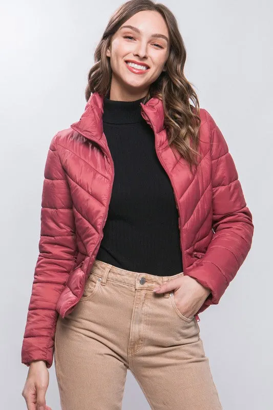 Terra Pink Zip Up Puffer Jacket With Storage Bag