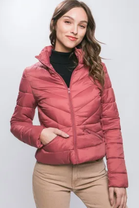 Terra Pink Zip Up Puffer Jacket With Storage Bag