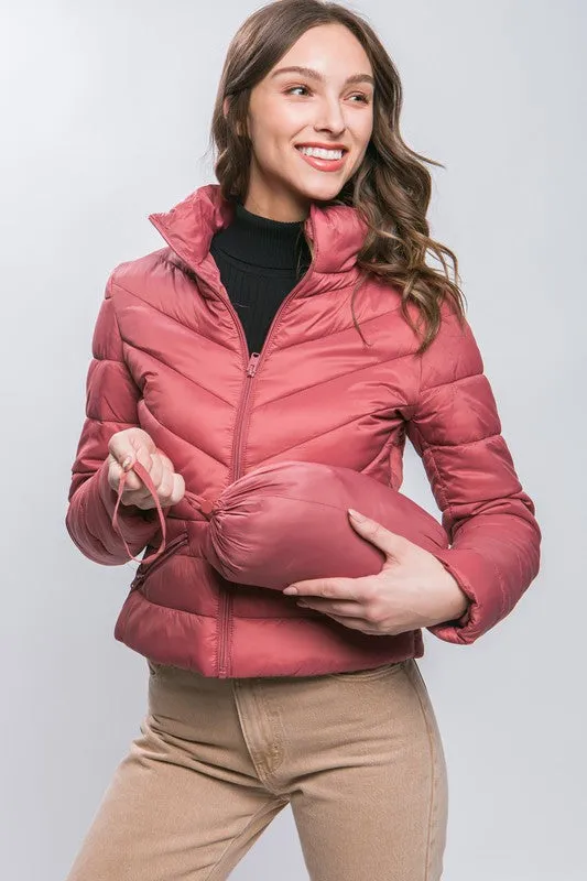 Terra Pink Zip Up Puffer Jacket With Storage Bag