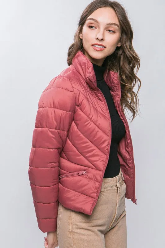 Terra Pink Zip Up Puffer Jacket With Storage Bag