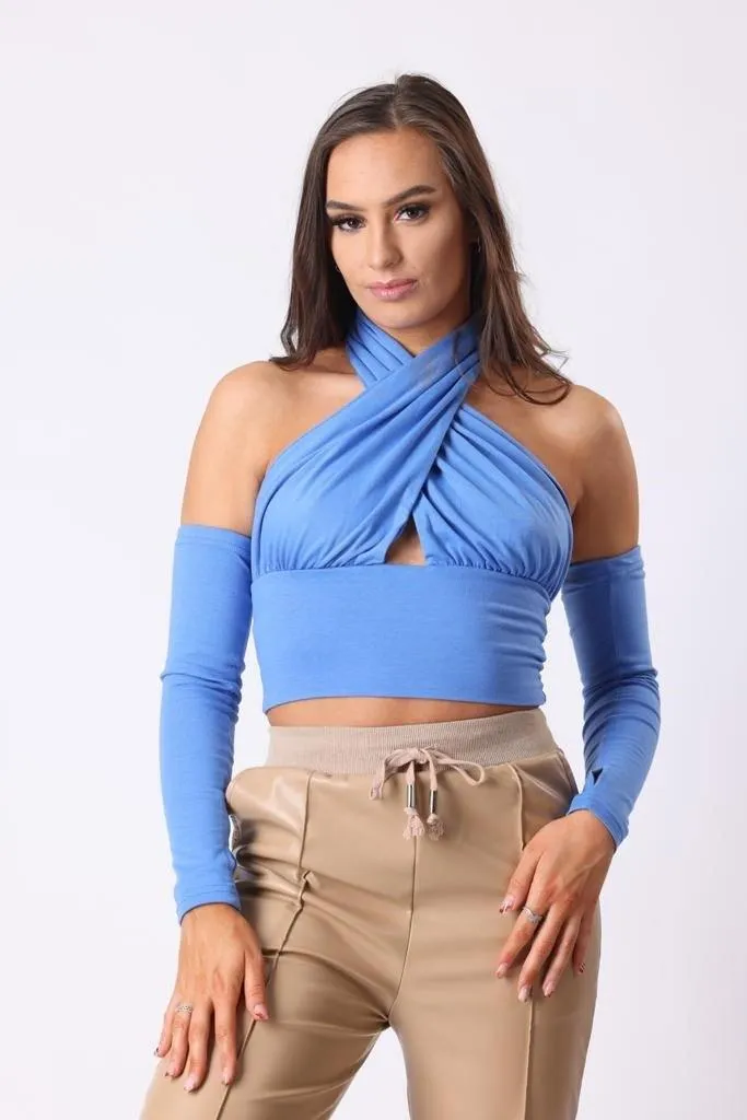 The Halter Neck Sleeve Top in Blue