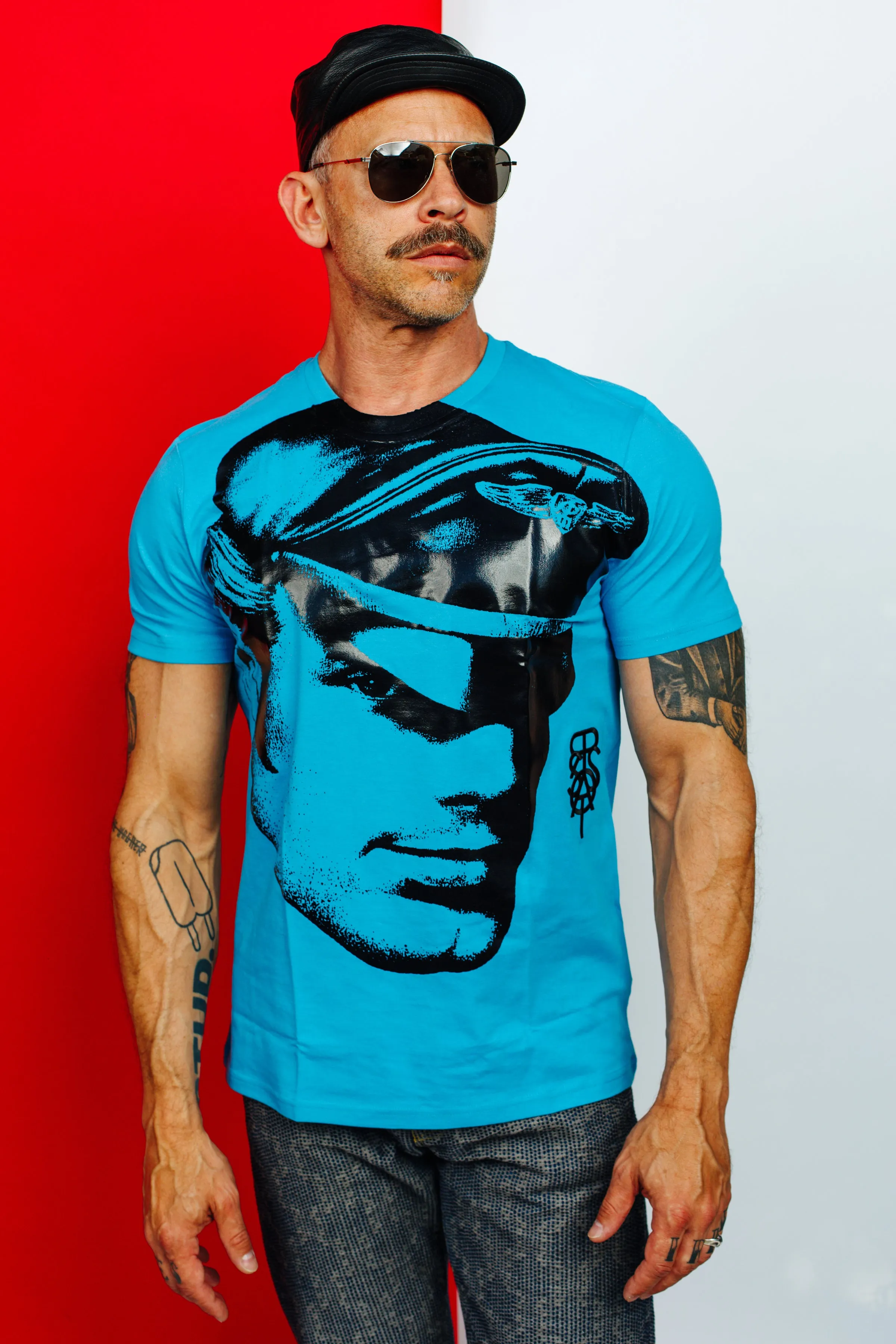 TOM OF FINLAND x WE ARE SPASTOR BIKER HEAD TEE - SEA BLUE