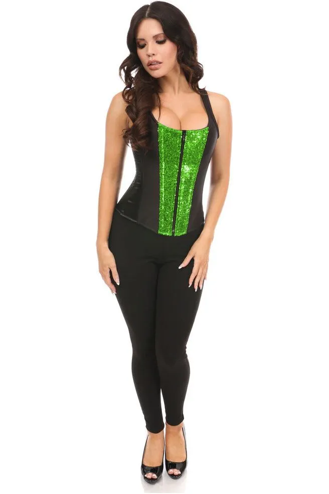 Top Drawer Black Satin & Green Sequin Steel Boned Corset w/Straps