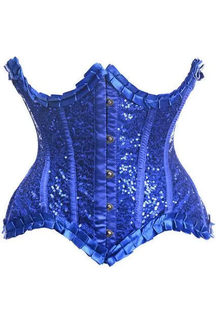 Top Drawer Blue Satin & Sequin Underwire Curvy Cut Steel Boned Waist Cincher Corset