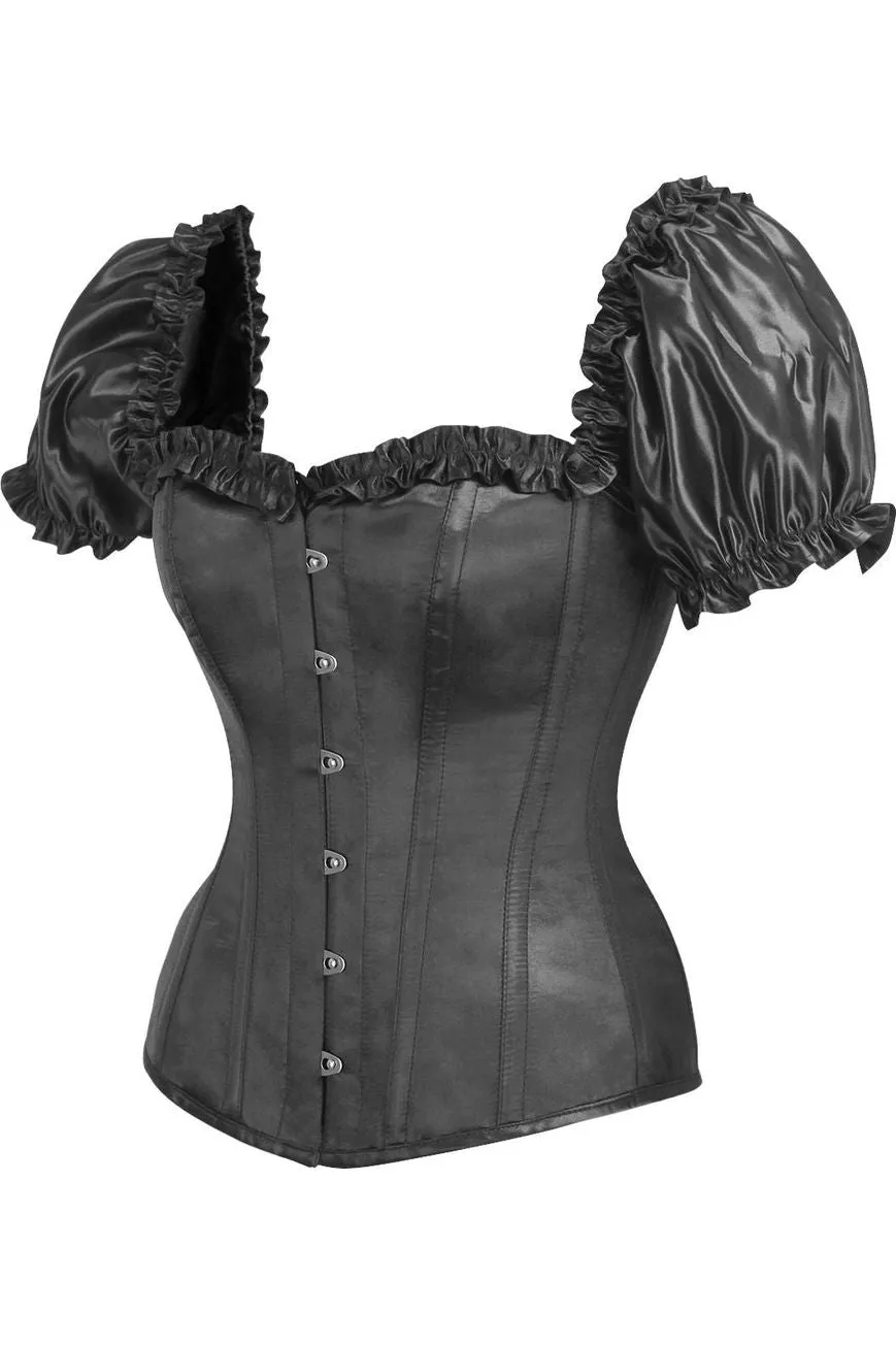 Top Drawer Steel Boned Black Satin Overbust Corset w/Sleeves