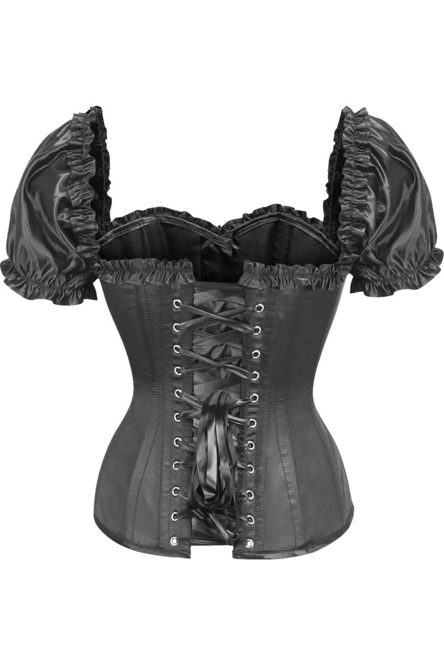 Top Drawer Steel Boned Black Satin Overbust Corset w/Sleeves