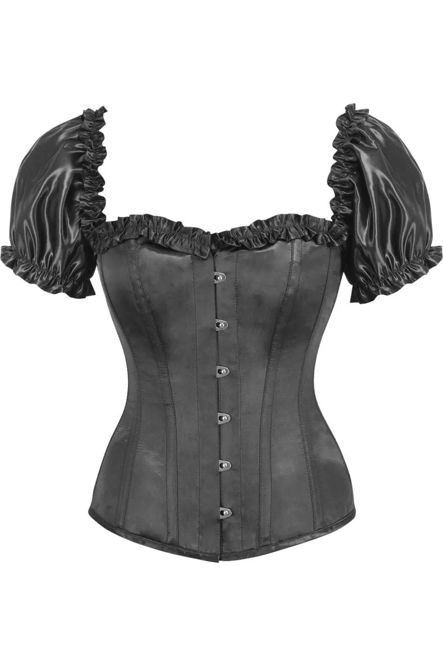 Top Drawer Steel Boned Black Satin Overbust Corset w/Sleeves