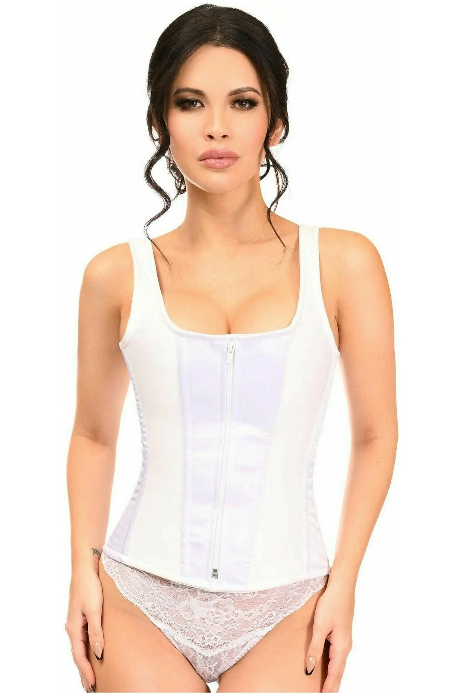 Top Drawer White Satin Steel Boned Corset w/Straps