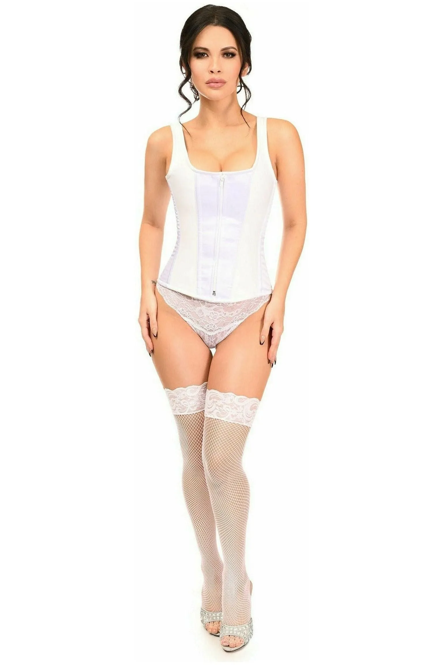 Top Drawer White Satin Steel Boned Corset w/Straps