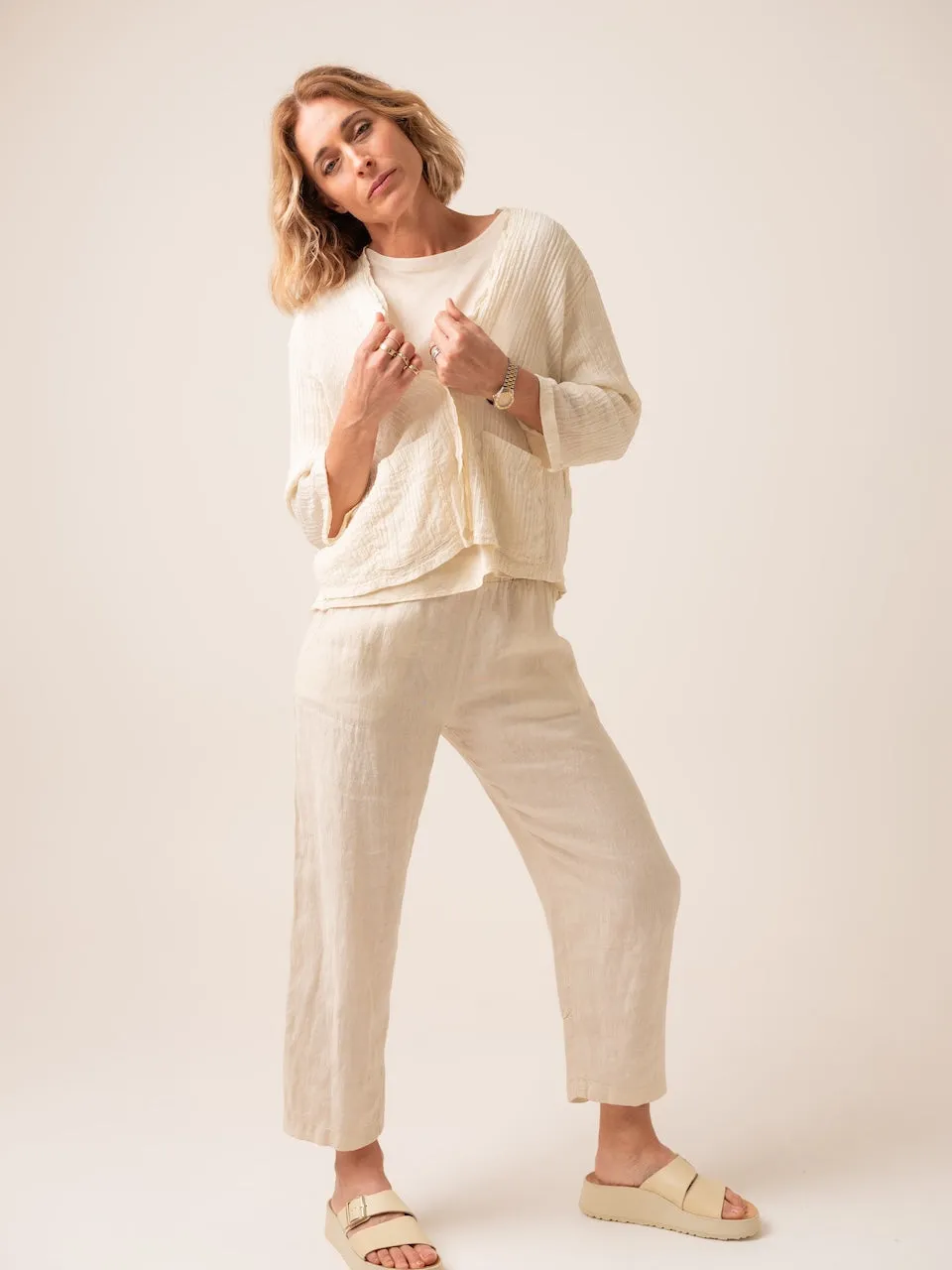 Transit Par Such Linen Pant with Viscose Detail in Ivory