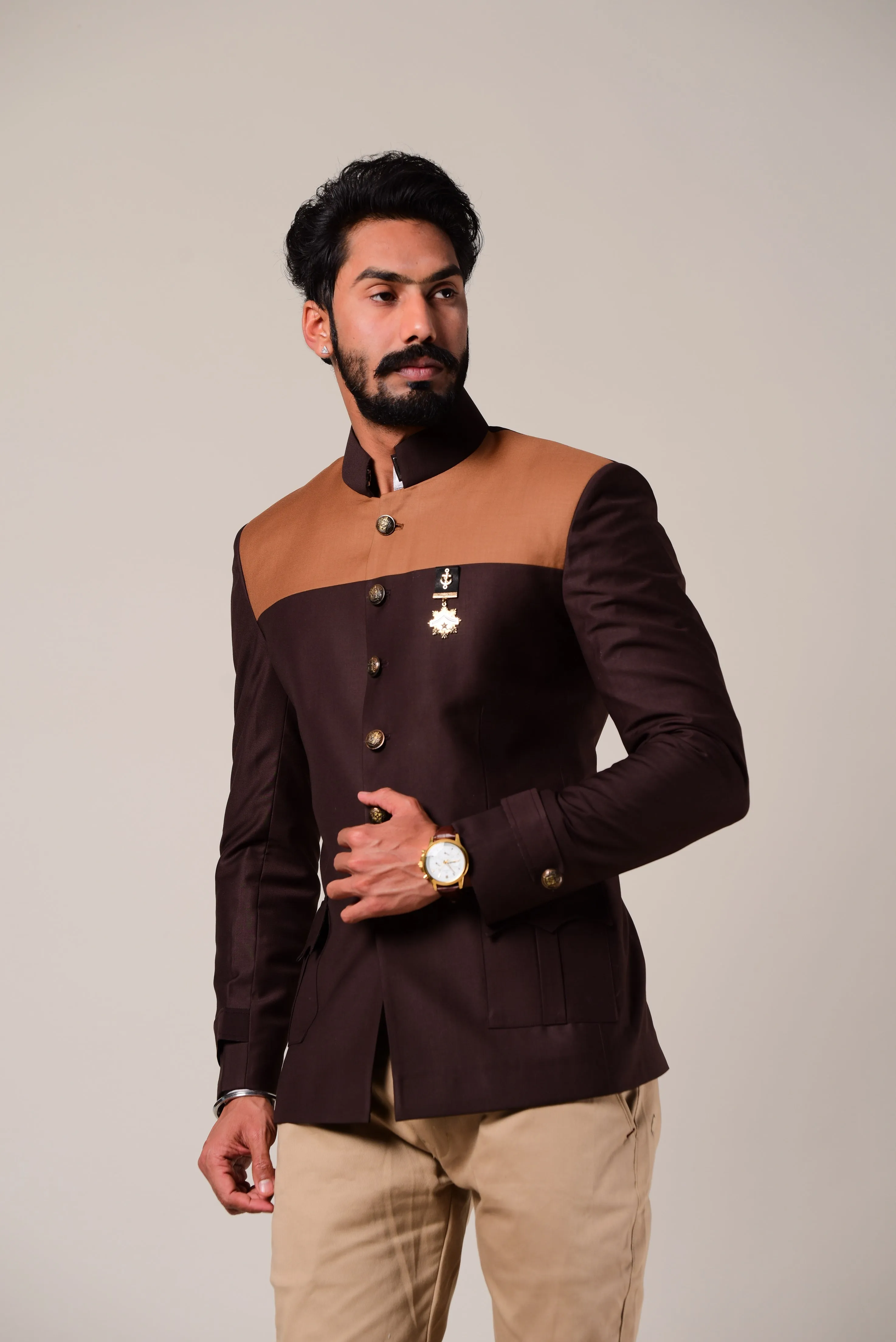 Umber Brown Dual Color Bandhgala Blazer With Trouser