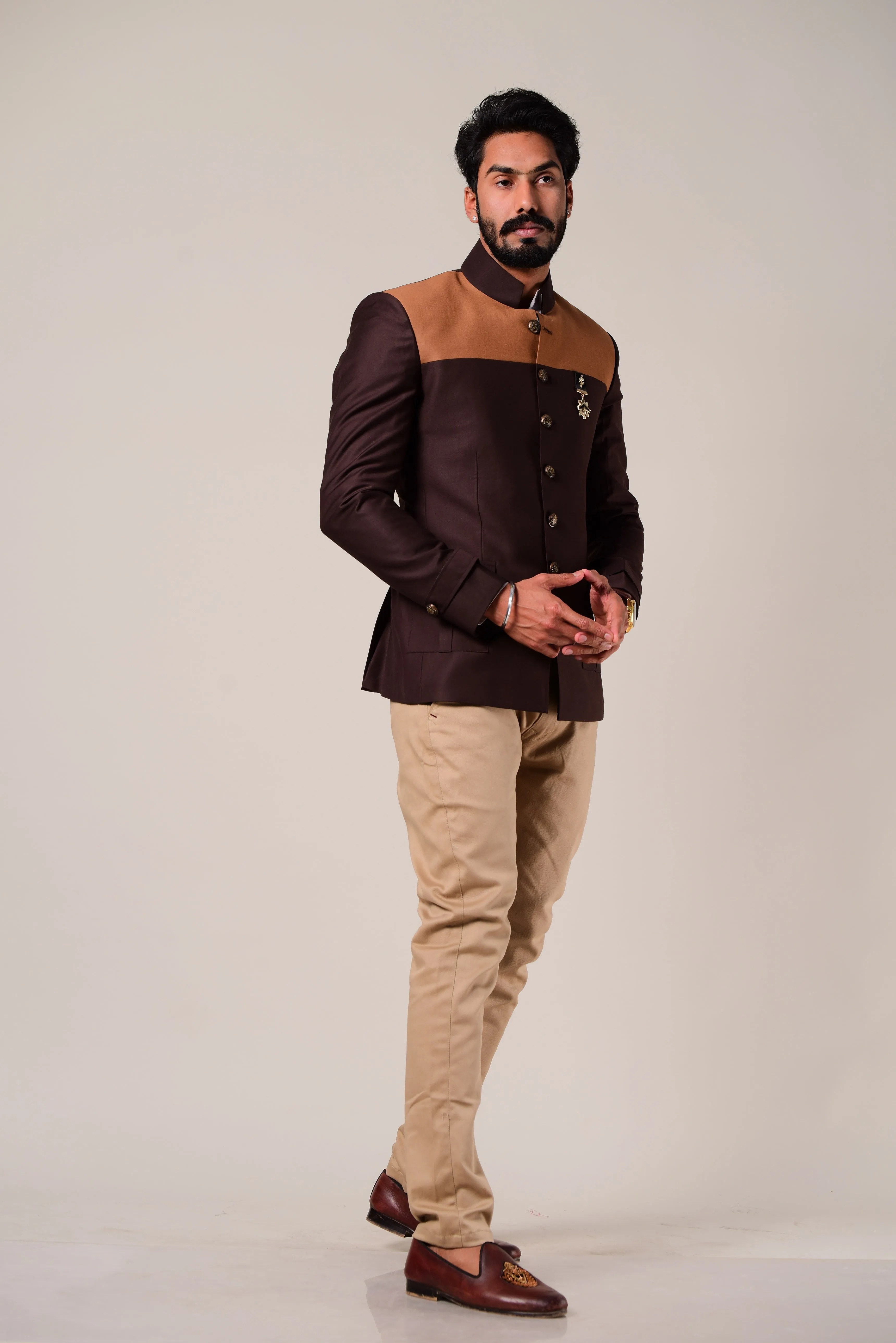 Umber Brown Dual Color Bandhgala Blazer With Trouser