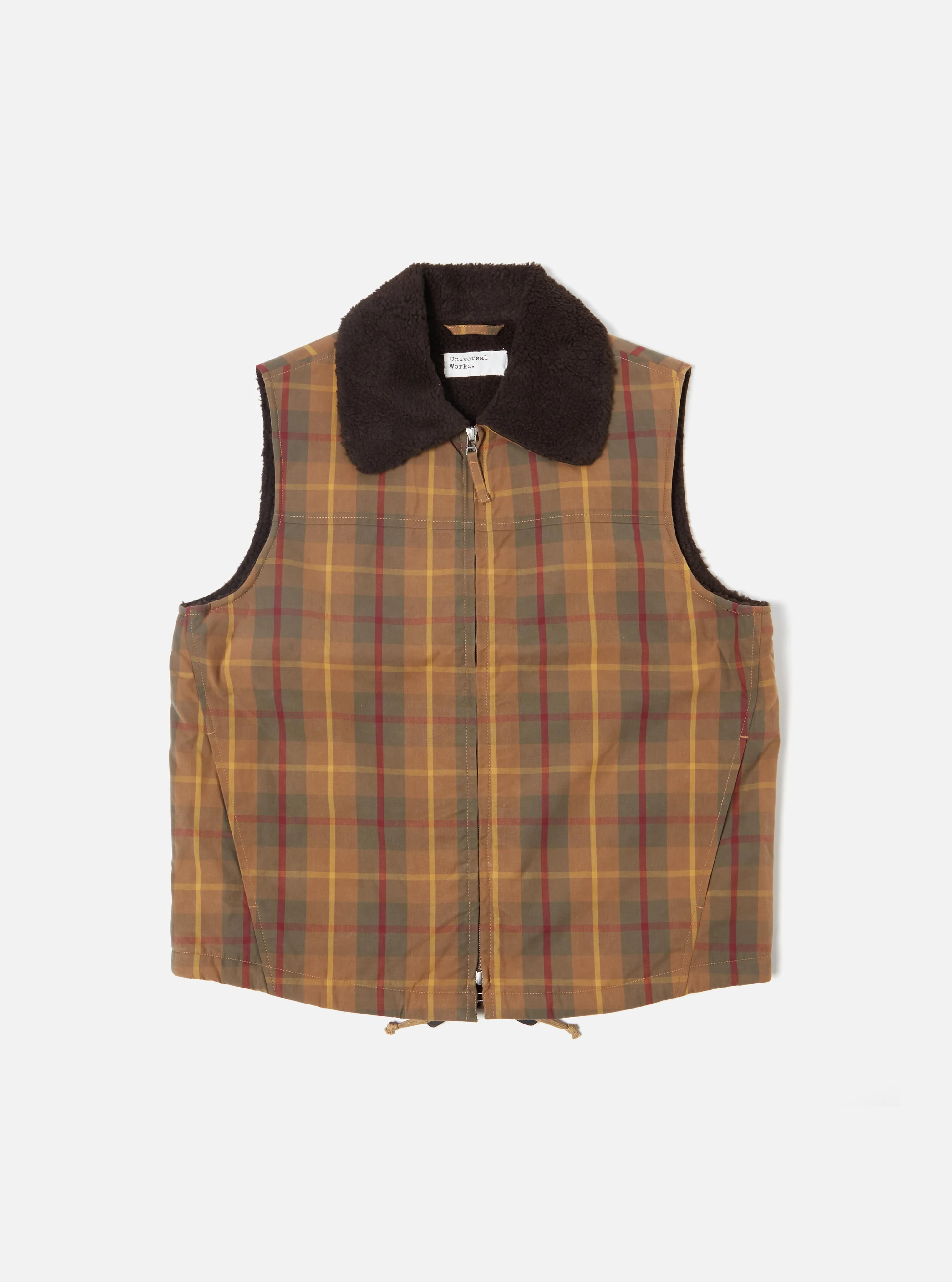 Universal Works Atlas Gilet in Cinnamon British Drywax Check