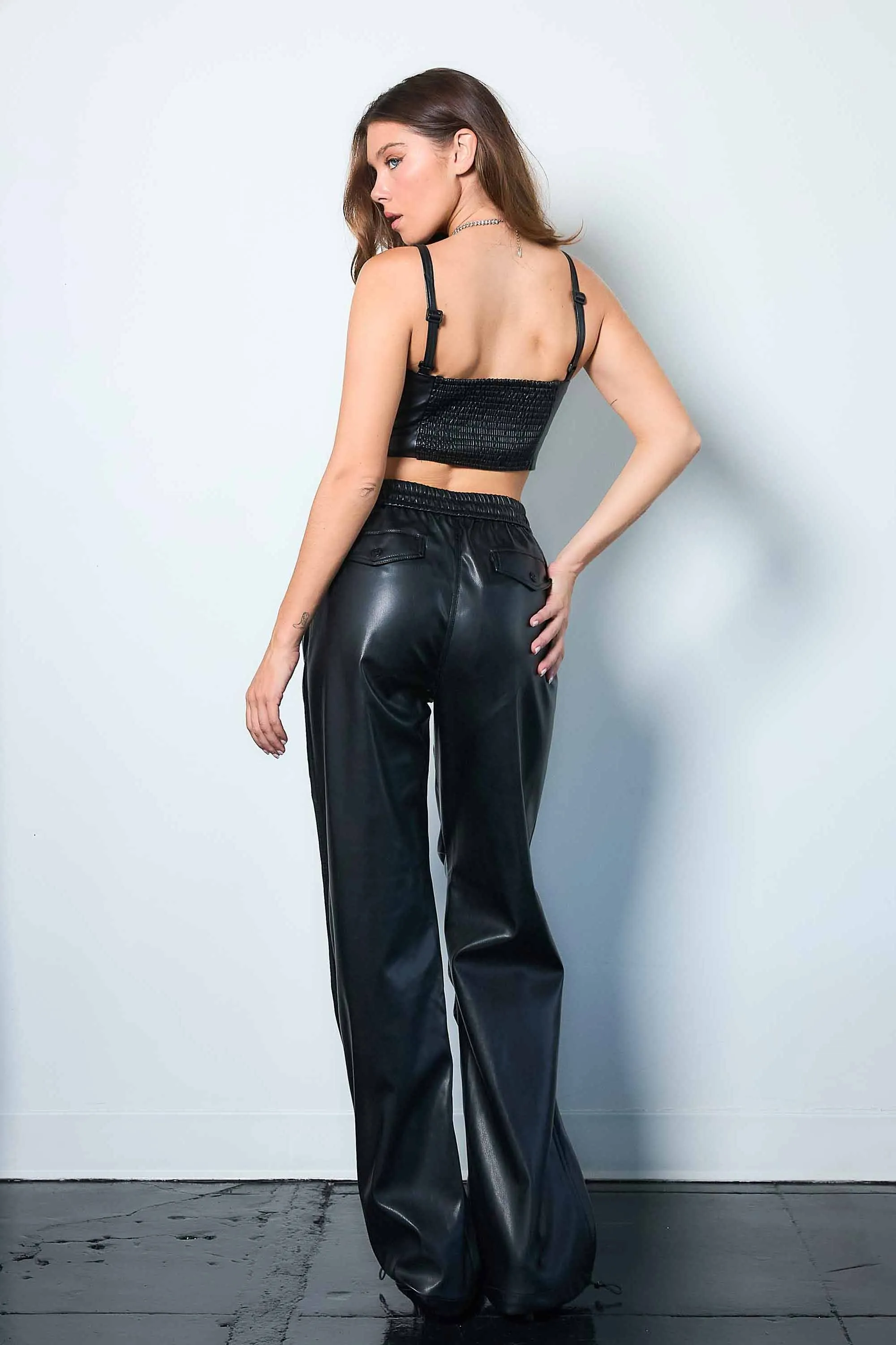 Vegan Leather Elastic Waist Band Baggy Pants