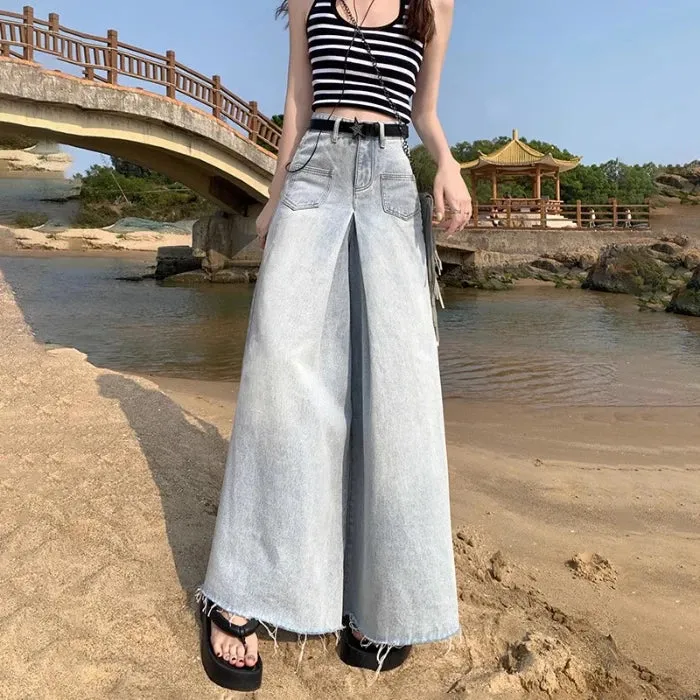 Vintage High-Waisted A-Line Elephant Leg Pants Women's Summer Drapey Wide-Legged Jeans