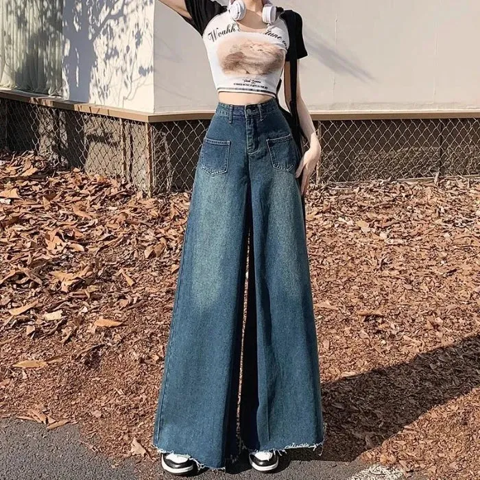 Vintage High-Waisted A-Line Elephant Leg Pants Women's Summer Drapey Wide-Legged Jeans