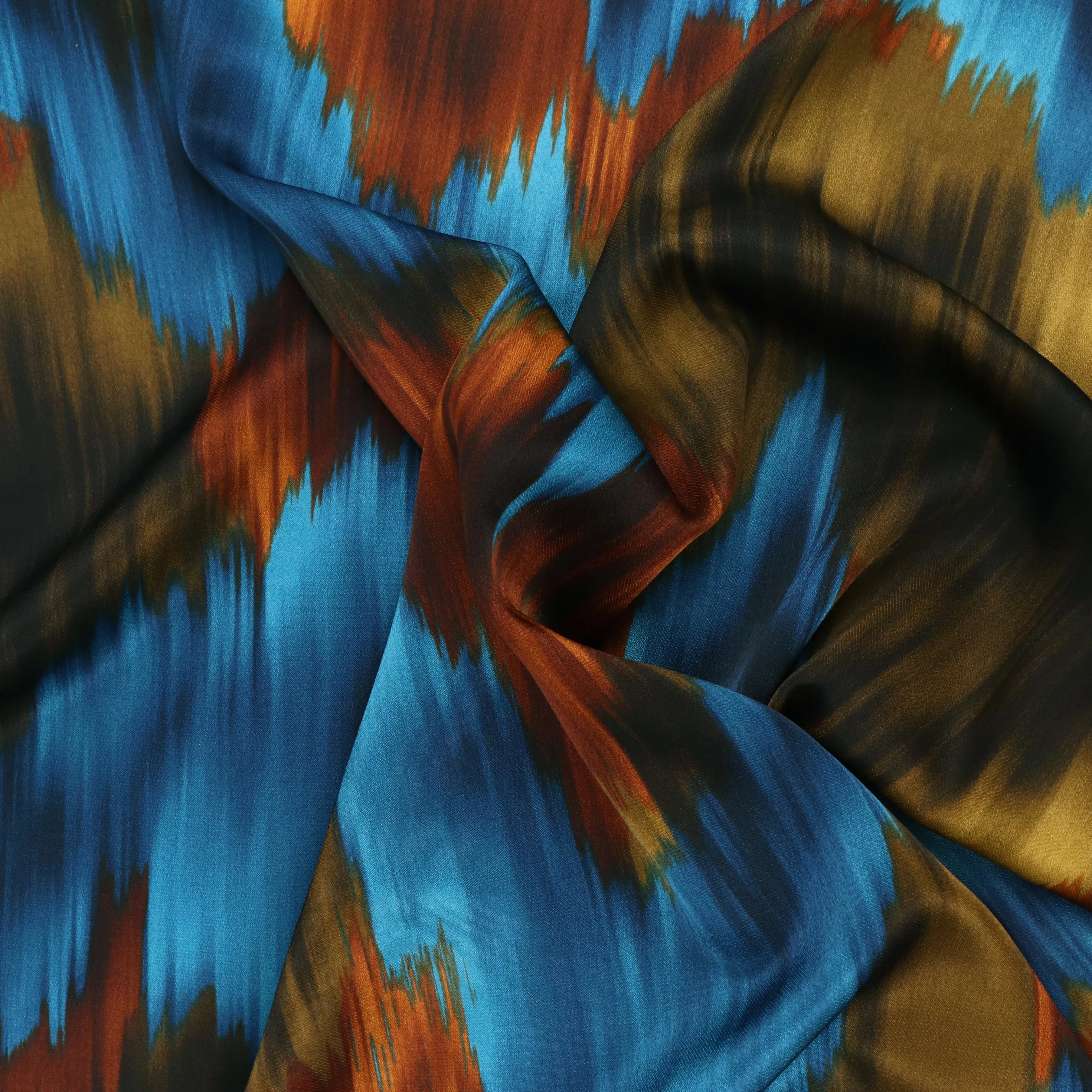 Viscose Satin - Brushstrokes - Blue   Brown