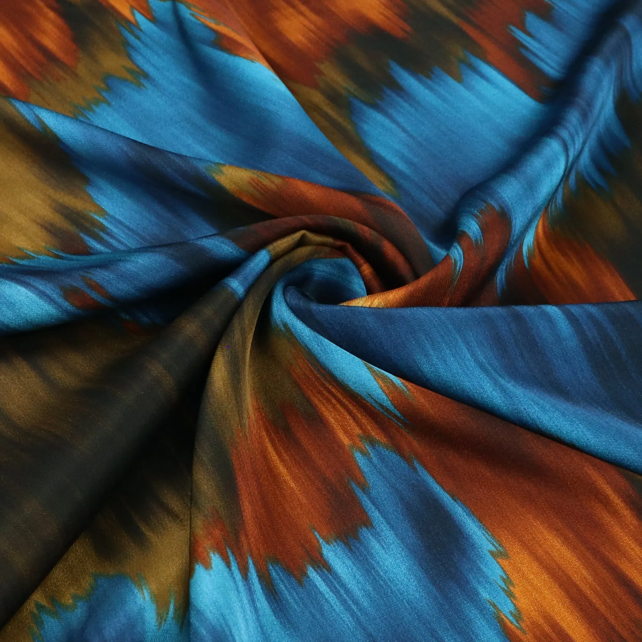 Viscose Satin - Brushstrokes - Blue   Brown