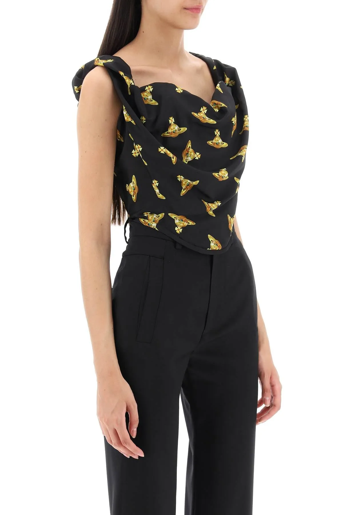 Vivienne westwood 'sunday corset' top in crepe de chine with orb motif