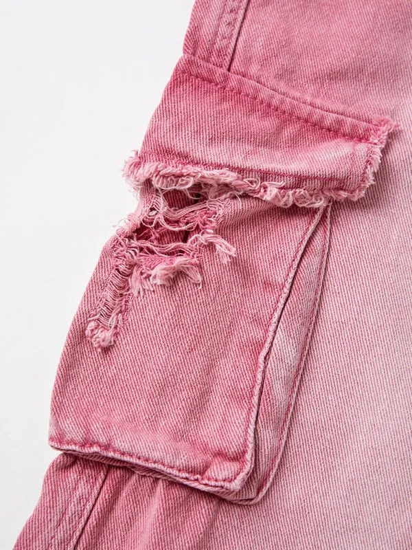 Wenkouban Pink Y2K Multi Pocket Ripped Cargo Jeans with Faded Effect