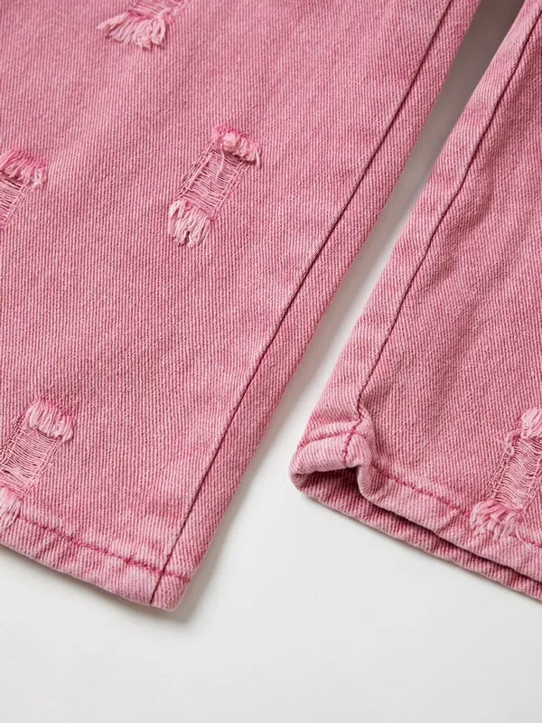 Wenkouban Pink Y2K Multi Pocket Ripped Cargo Jeans with Faded Effect