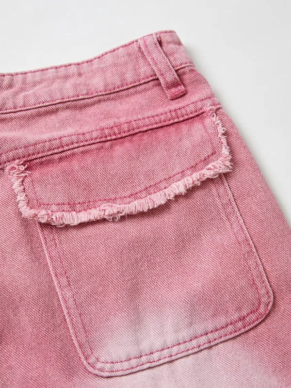 Wenkouban Pink Y2K Multi Pocket Ripped Cargo Jeans with Faded Effect