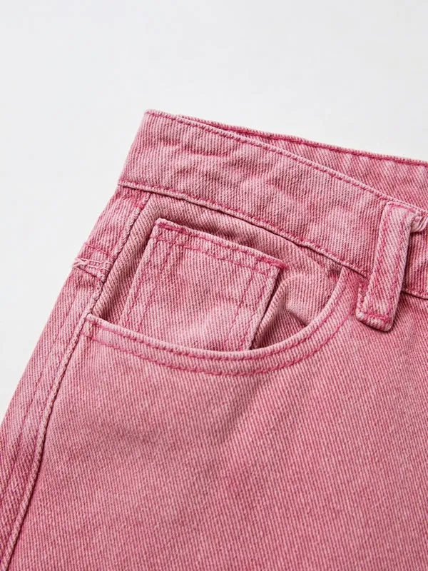 Wenkouban Pink Y2K Multi Pocket Ripped Cargo Jeans with Faded Effect