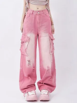 Wenkouban Pink Y2K Multi Pocket Ripped Cargo Jeans with Faded Effect