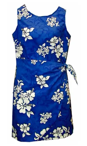 White Hibiscus Ladies Tropical Print Sarong Dress in Blue