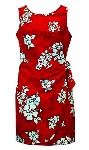 White Hibiscus Ladies Tropical Print Sarong Dress in Red