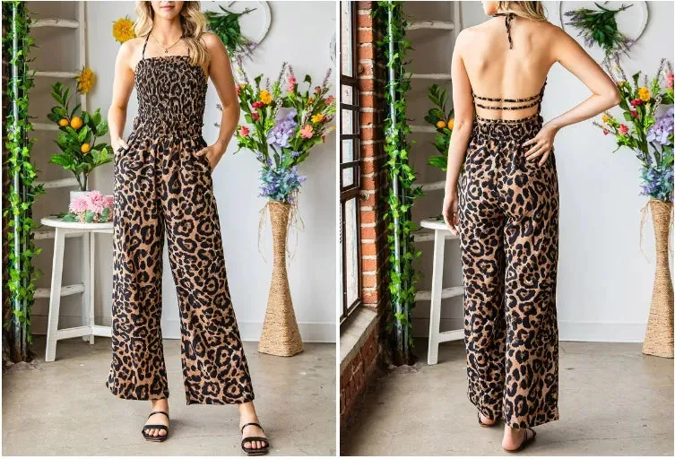 Wholesale Fashion Women Clothes Leopard Print Halter Neck Backless Wide Leg Women Jumpsuit AST64114482