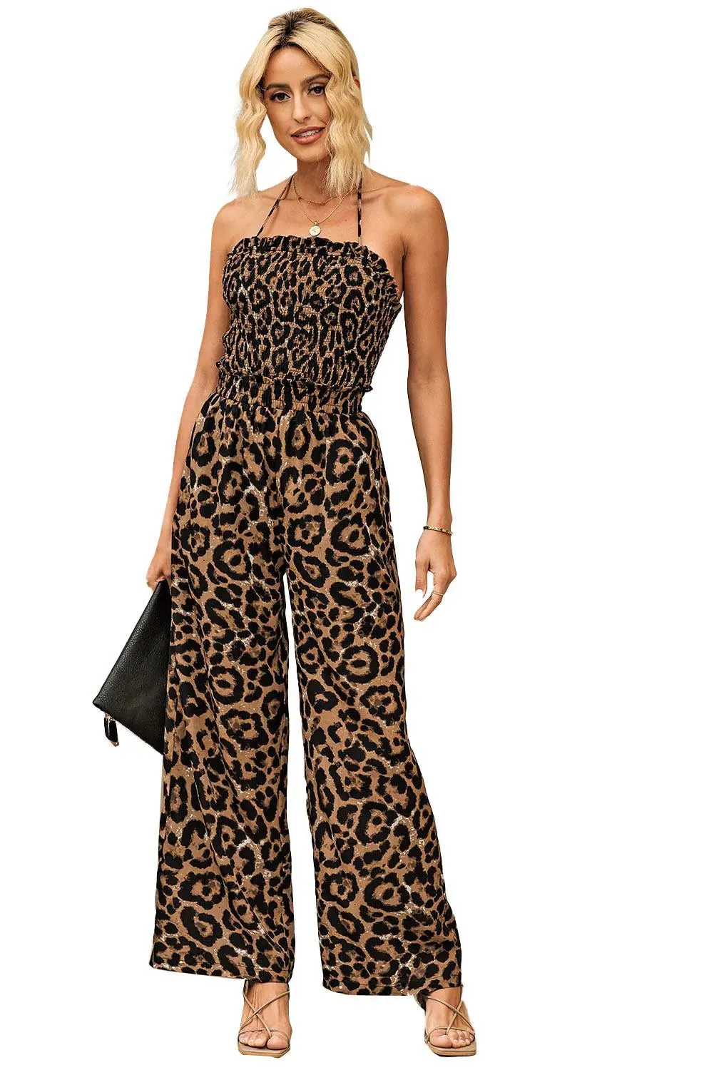 Wholesale Fashion Women Clothes Leopard Print Halter Neck Backless Wide Leg Women Jumpsuit AST64114482