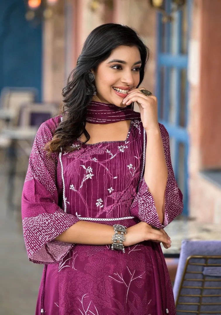 Wine Abstract Printed Liva Rayon A-Lined Kurta Pant And Dupatta Set With Doris At Waist