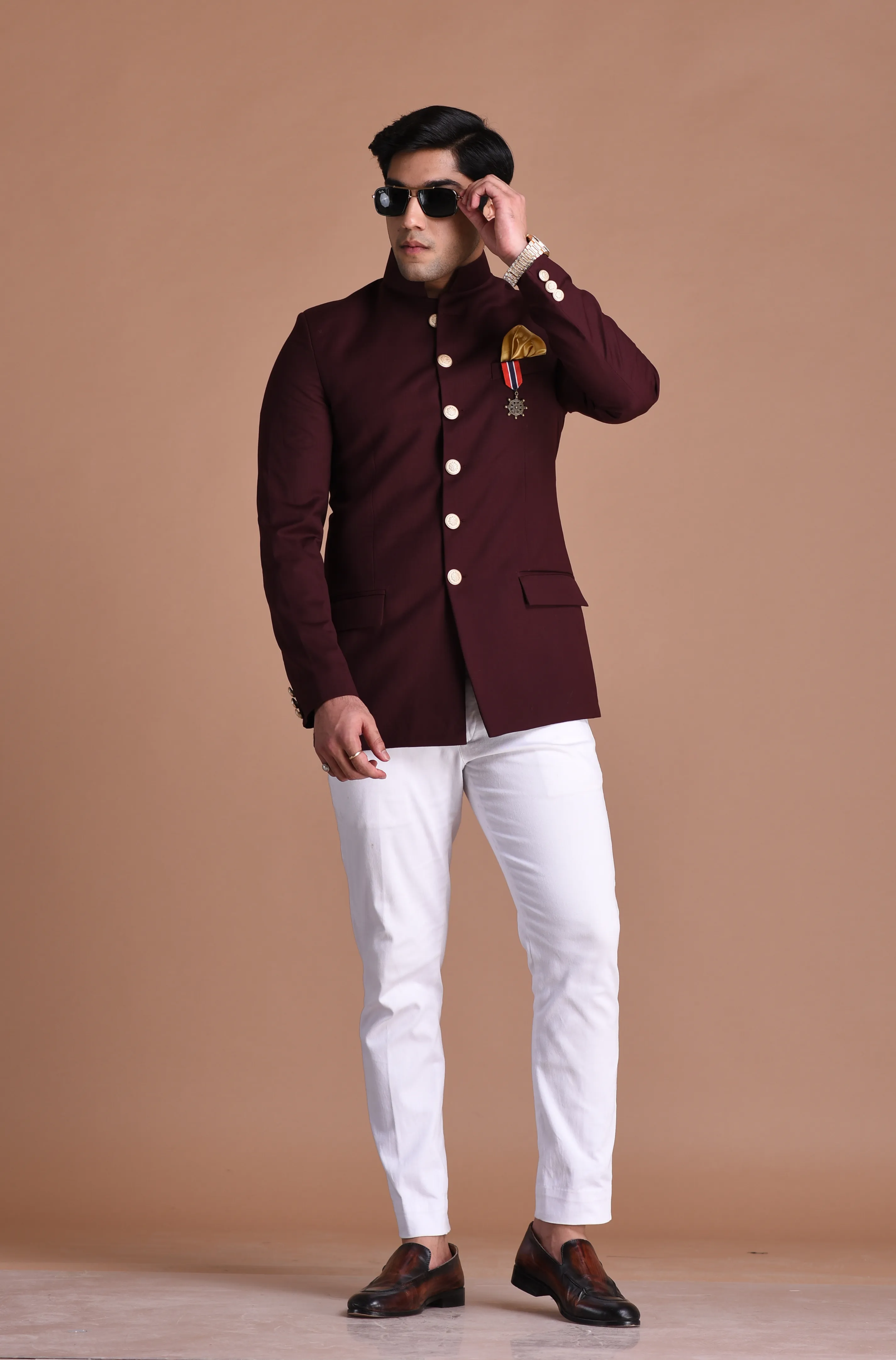 Wine Jodhpuri Bandhgala Designer Blazer with White Trouser