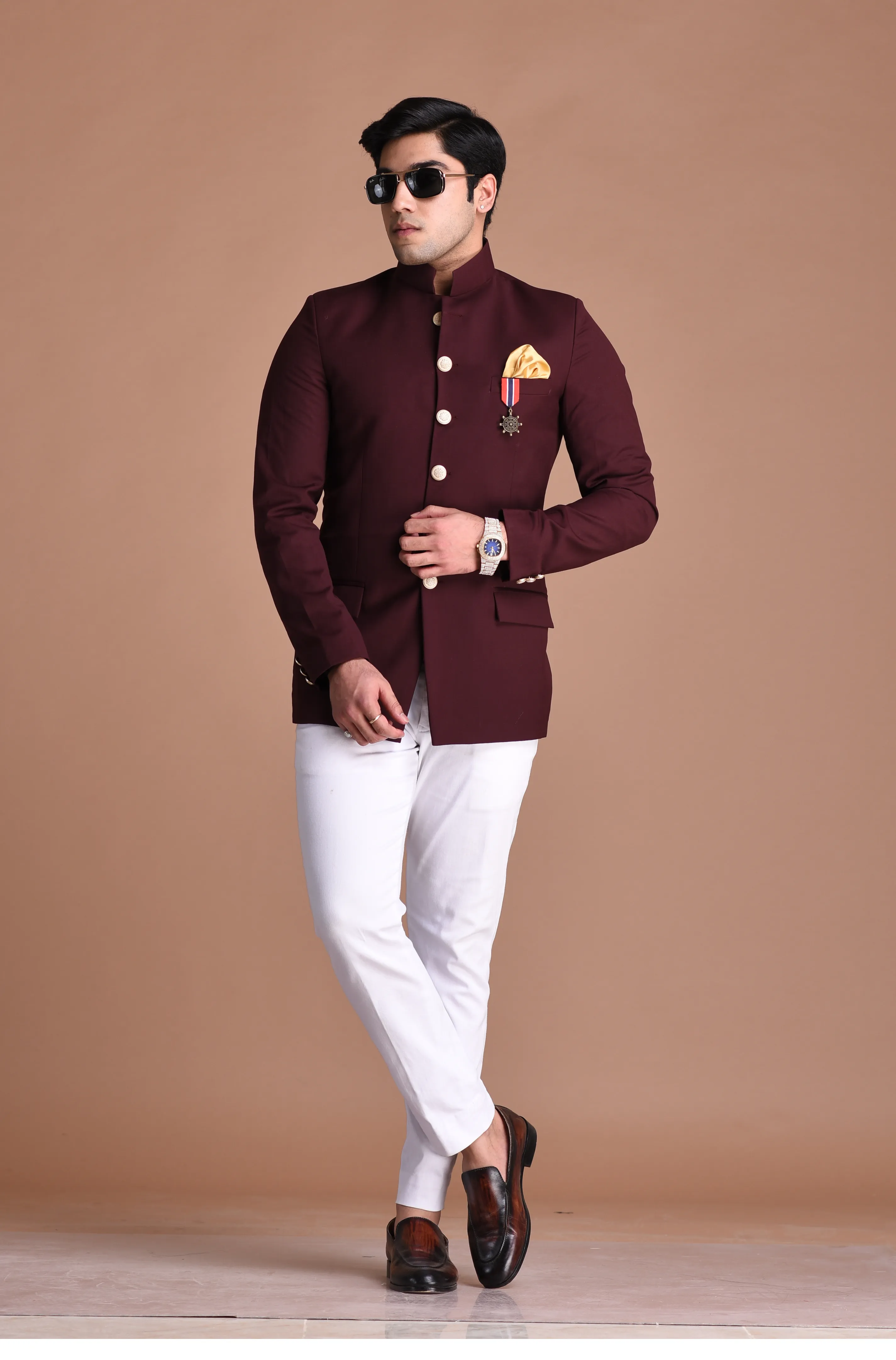 Wine Jodhpuri Bandhgala Designer Blazer with White Trouser