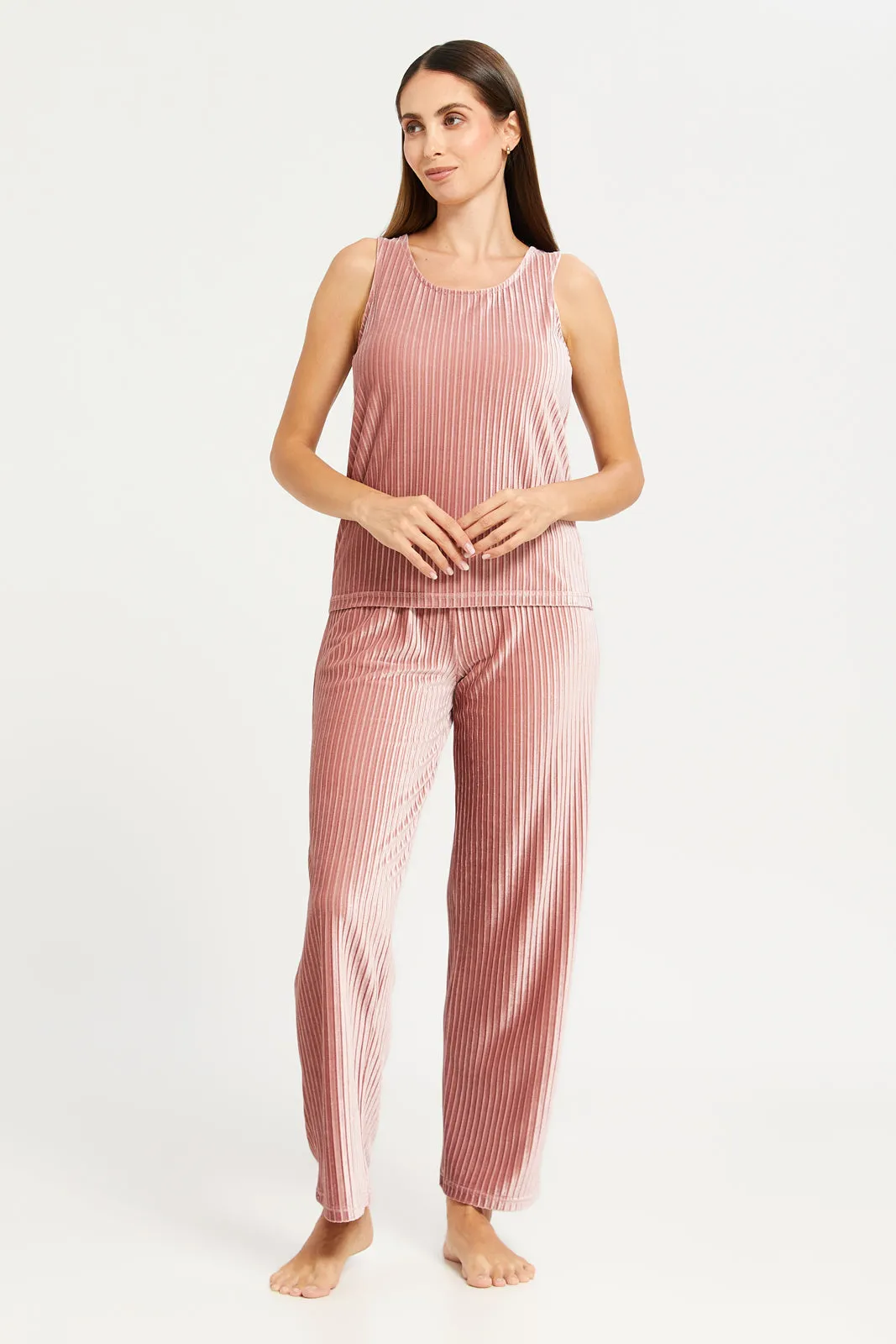 Women Pink Embellished Top With Long Pants Cami Set (2 Piece)