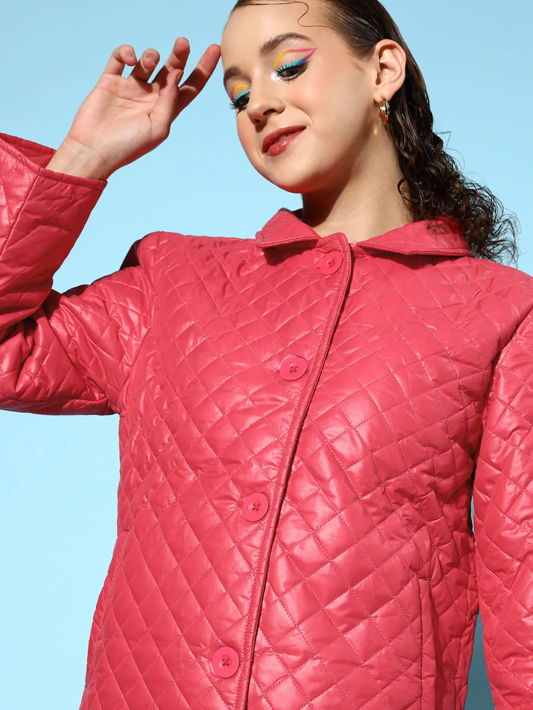 Women Red Collared Quilted Puffer Jacket