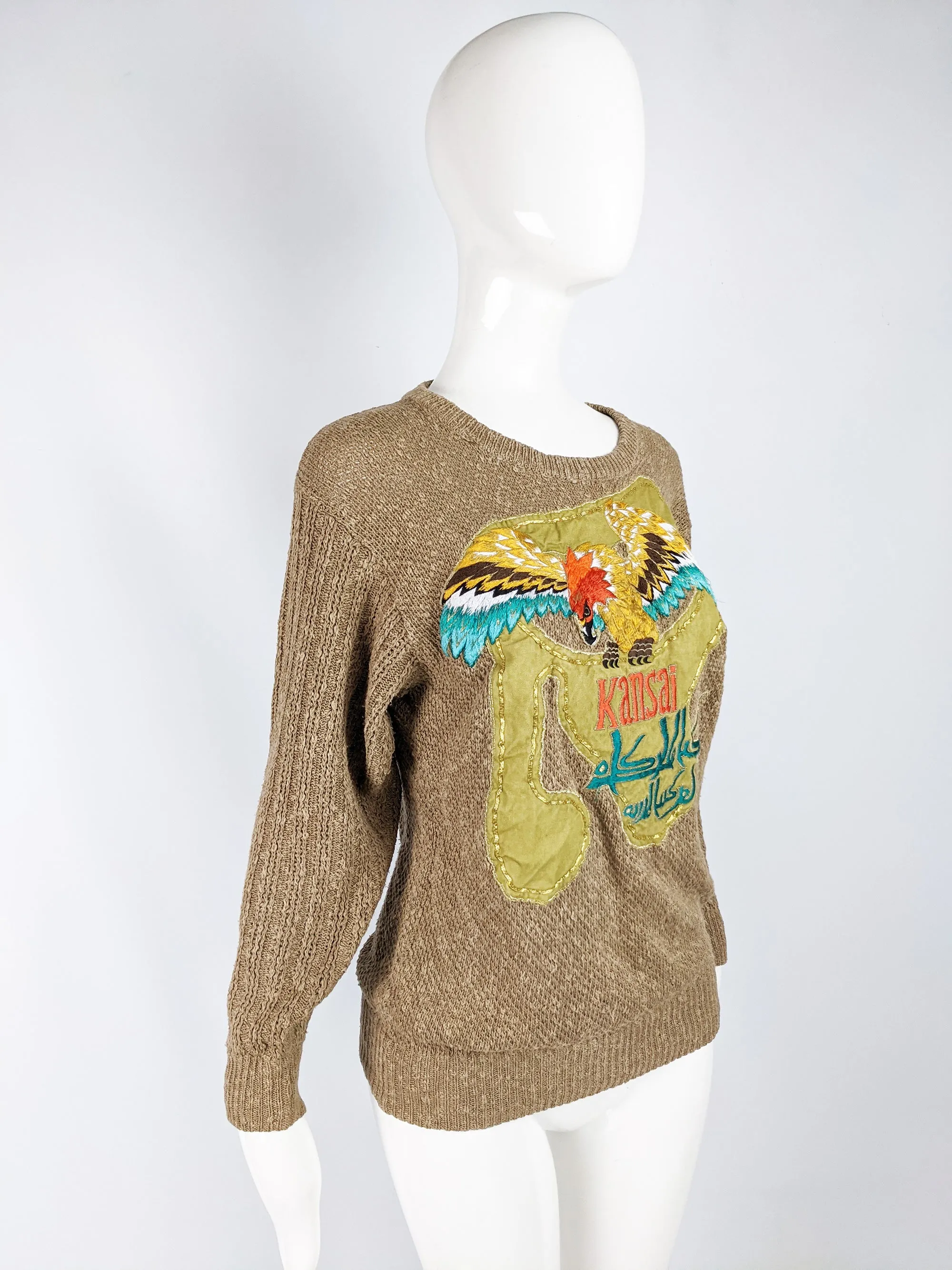 Womens Brown Knit Eagle Embroidered Jumper, 1980s