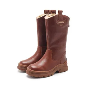 Womens Leather Mid Calf Boots Snow Boots Have Fleece Lined for Cold Winter in Black/Brown