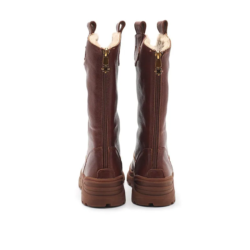 Womens Leather Mid Calf Boots Snow Boots Have Fleece Lined for Cold Winter in Black/Brown