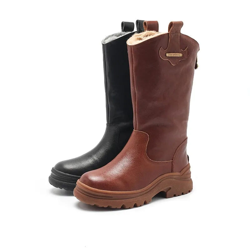 Womens Leather Mid Calf Boots Snow Boots Have Fleece Lined for Cold Winter in Black/Brown