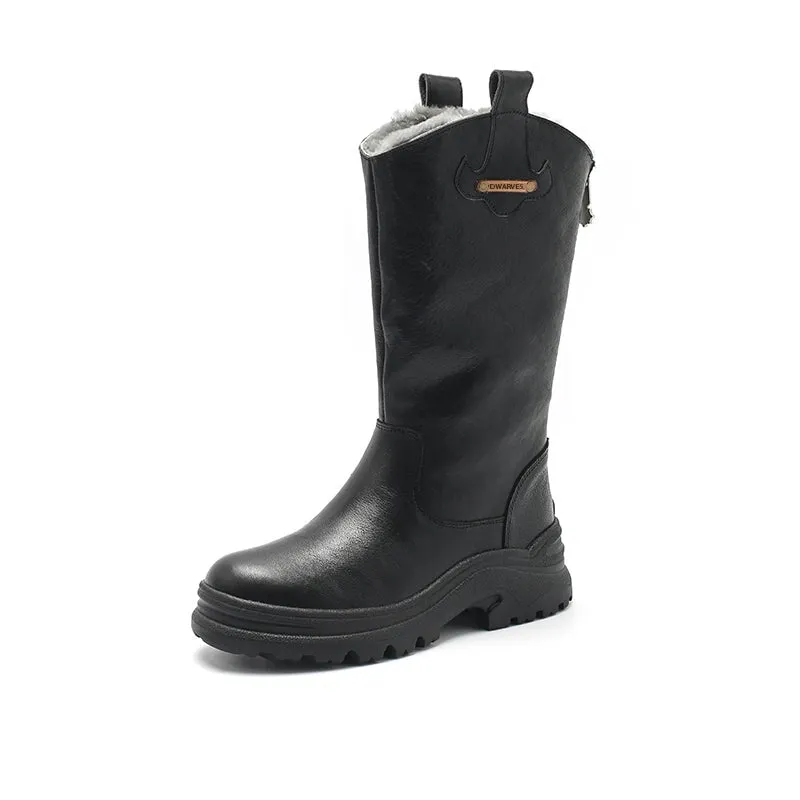 Womens Leather Mid Calf Boots Snow Boots Have Fleece Lined for Cold Winter in Black/Brown