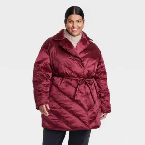 Women's Plus Size Puffer Jacket - Ava & Viv Berry Red 2X