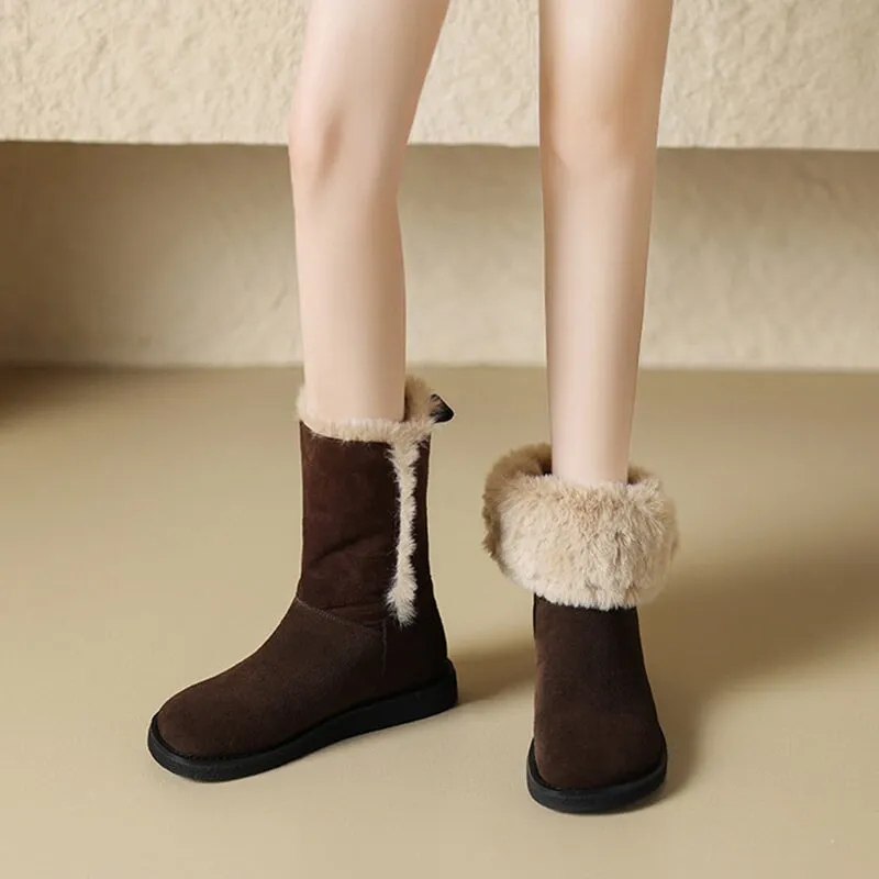 Women's Snow Boots for Cold Winter Retro Leather Mid Calf Boots in Brown/Khaki/Coffee