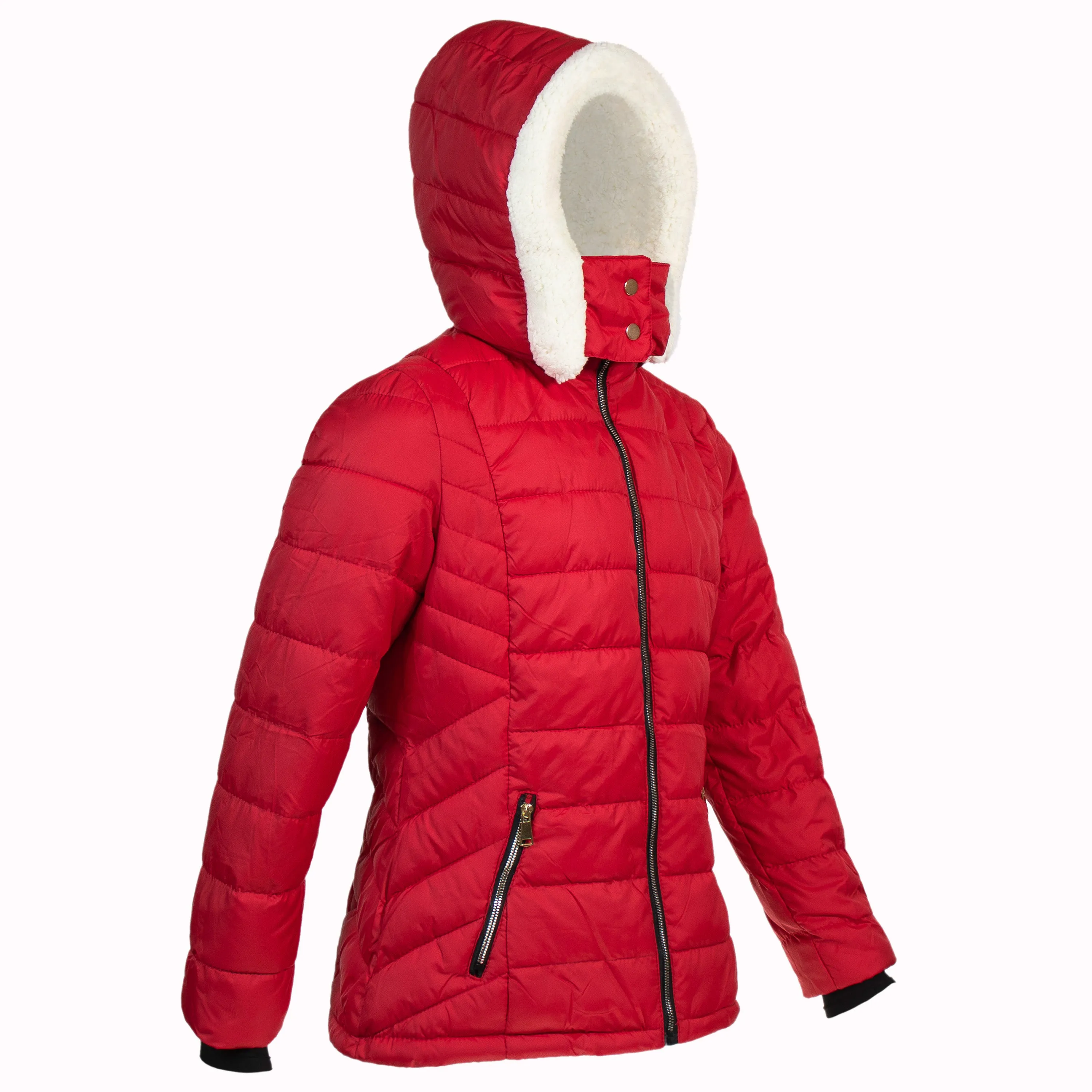 Women's Warm Wholesale Puffer Coats in Red in Assorted Sizes - Bulk Case of 12 Winter Jackets