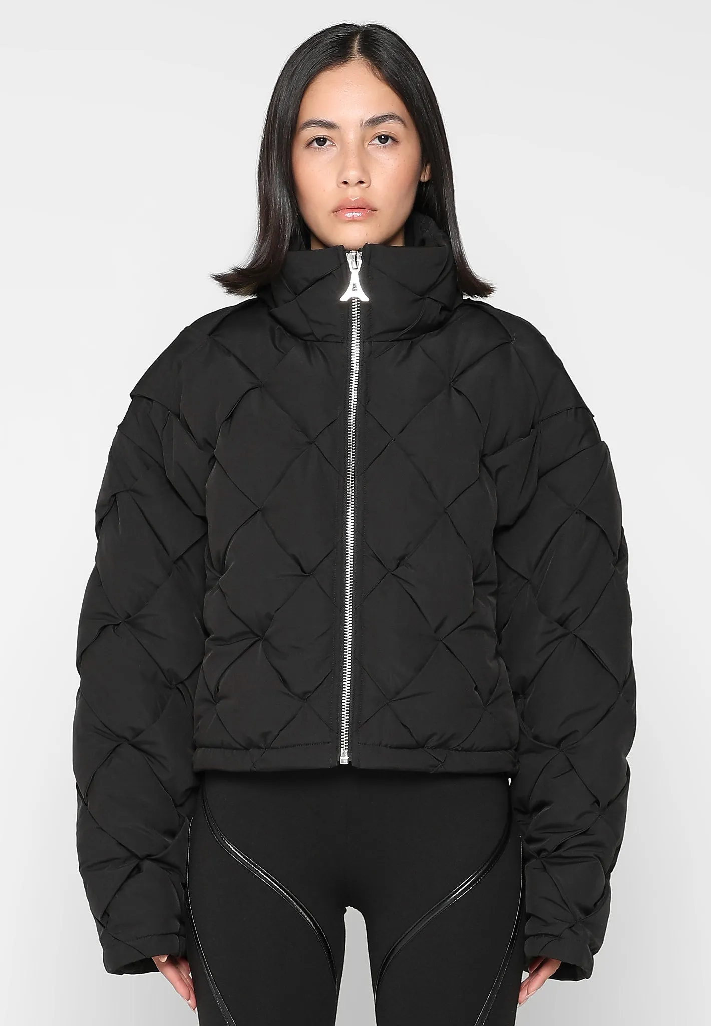 Woven Interlock Puffer Jacket - Black