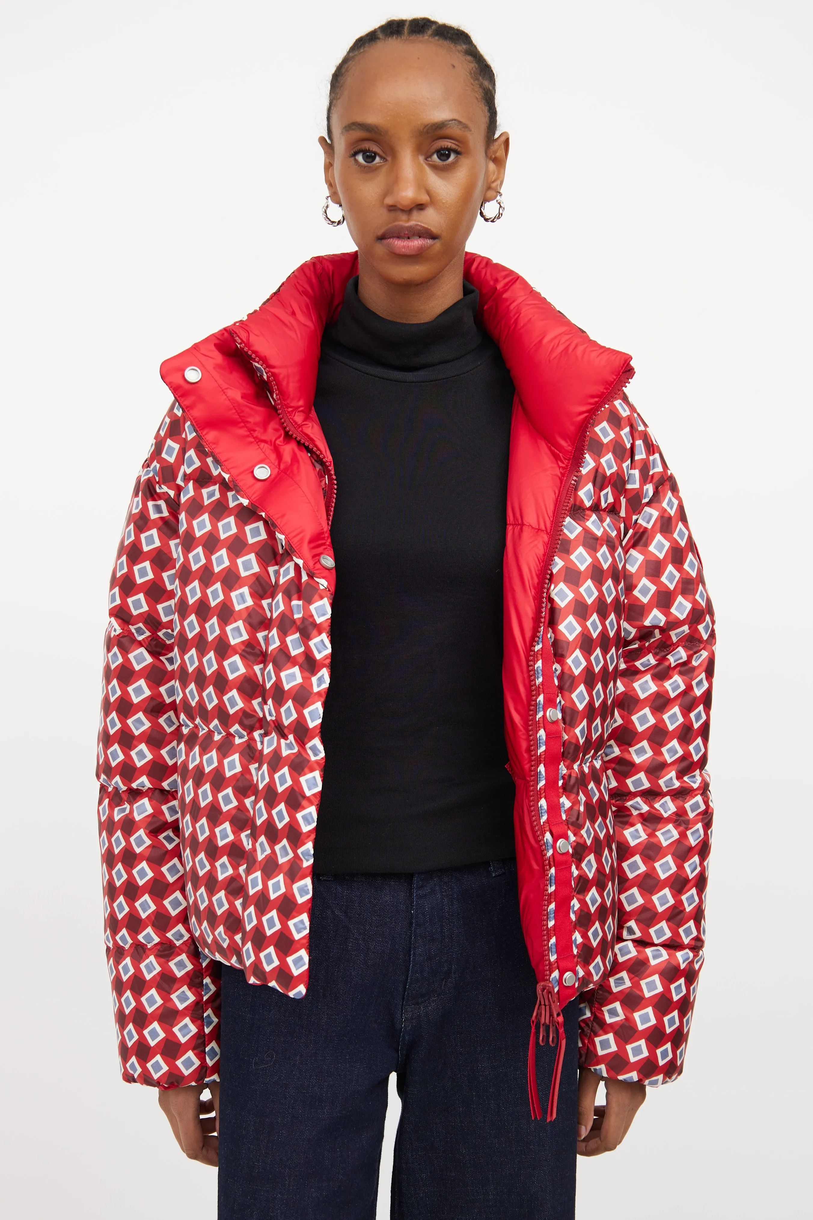 X Reformation Red & Multicolour Down Geometric Puffer