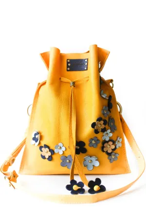 Yellow Floral Leather Pouch Bag